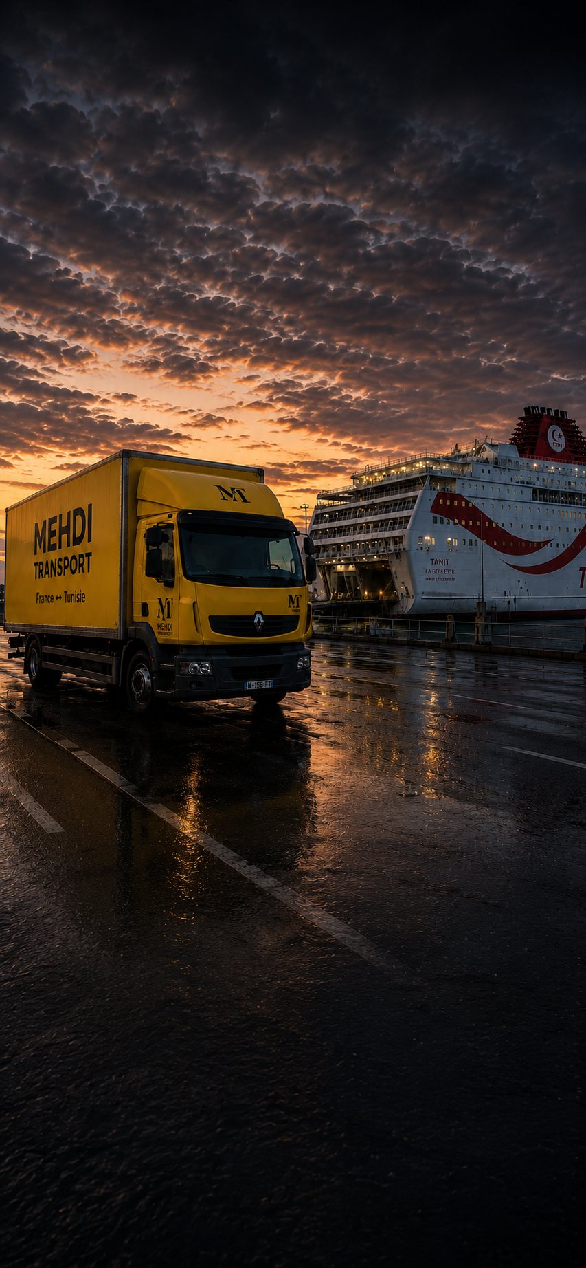 Le camion Mehdi Transport au port du Havre devant le ferry, au lever du jour