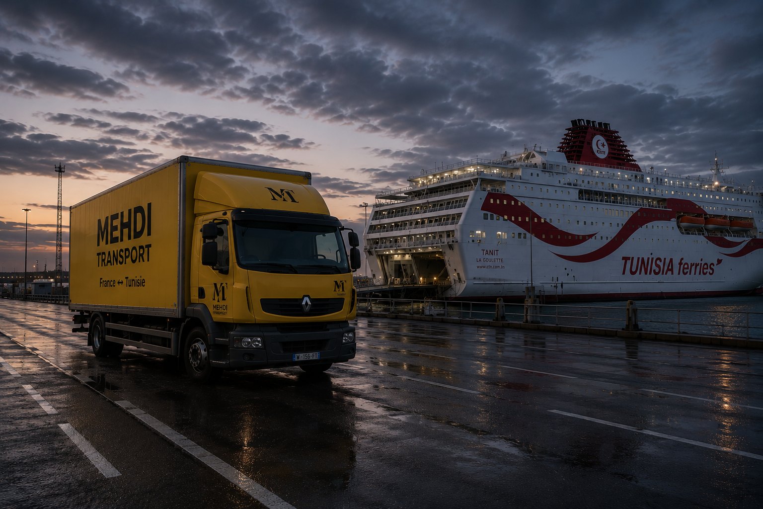 Le camion Mehdi Transport au port, devant le ferry Tunisia Ferries