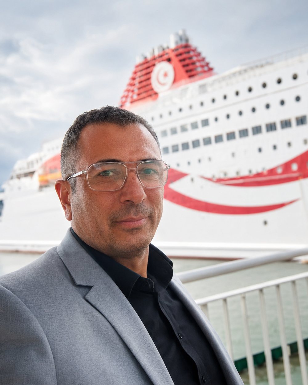 Le responsable de Mehdi Transport au port, devant le ferry avant la traversée